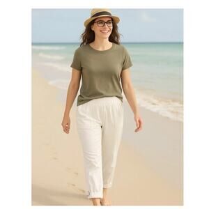 Soft Surroundings Medina Pants Womens Size XL White Pockets Roll Tab Hem Comfort